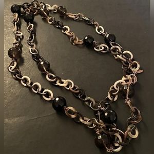 AMLE Italian Long  Chain Necklace With Faceted Beads Onyx And Smoke Topaz/Made i